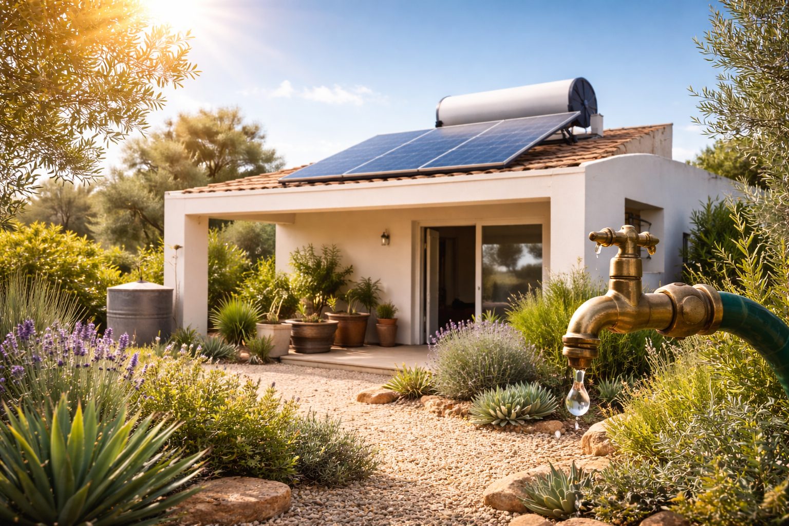 Maison écologique en Tunisie avec chauffe-eau solaire sur toiture et robinet d’économie d’eau dans un jardin xérophile