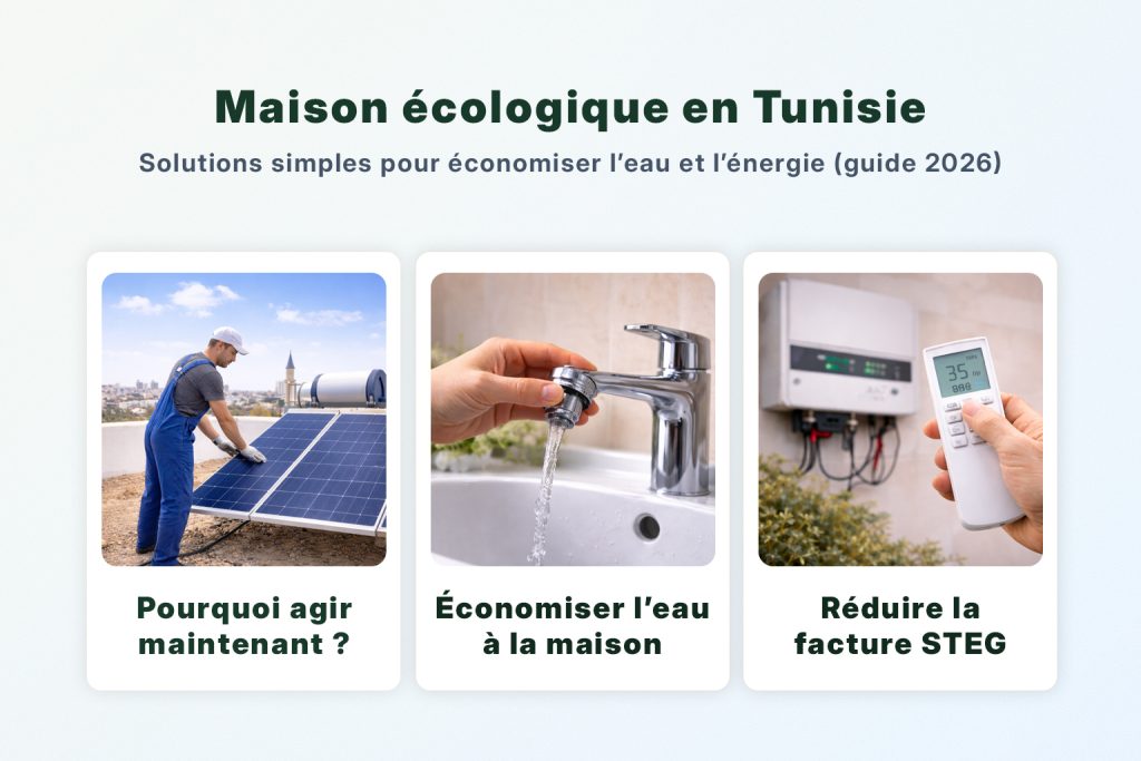 Maison écologique en Tunisie : guide visuel avec 3 étapes pour économiser l’eau et réduire la consommation d’énergie (STEG)