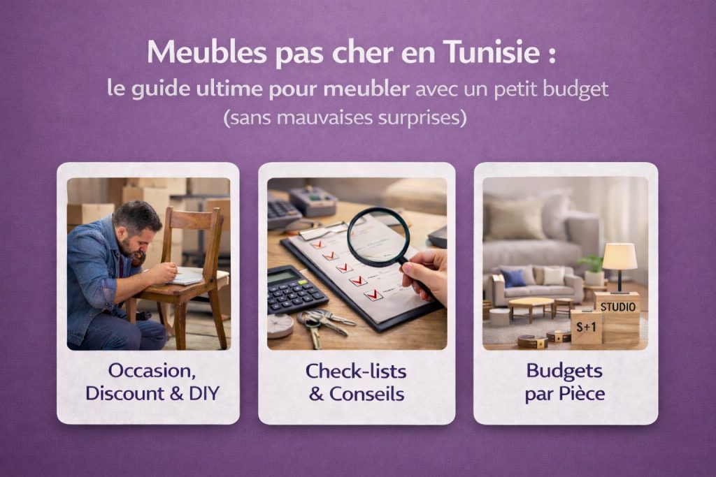 Infographie : occasion, check-lists et budgets par pièce pour meubles pas cher en Tunisie
