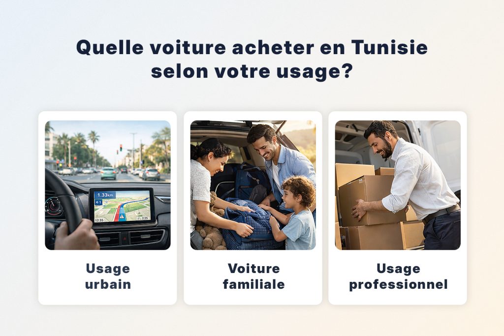 Visuel résumé du guide “Quelle voiture choisir en Tunisie selon votre usage” avec trois catégories : ville, famille et travail