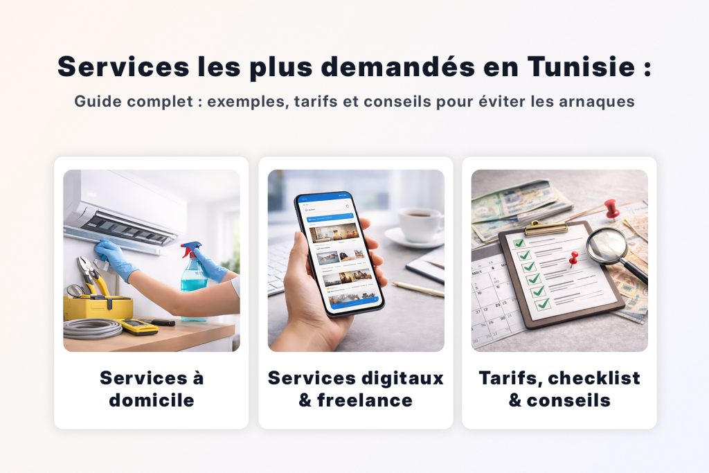 Infographie avec trois cartes résumant les services les plus demandés en Tunisie : services à domicile, services digitaux et freelance, et conseils pour comparer les tarifs, choisir un prestataire fiable et publier une annonce sur Proxity.tn.