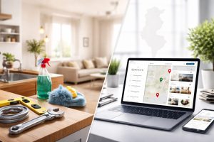 Image en deux parties montrant des outils de dépannage et de nettoyage à domicile, et un ordinateur avec une interface de recherche de services en Tunisie pour trouver un prestataire et publier une annonce.