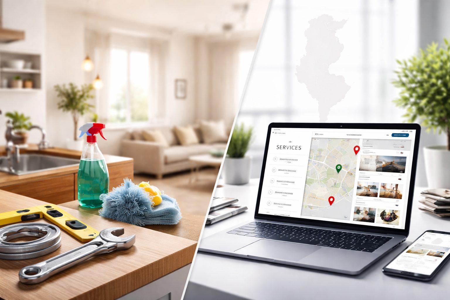 Image en deux parties montrant des outils de dépannage et de nettoyage à domicile, et un ordinateur avec une interface de recherche de services en Tunisie pour trouver un prestataire et publier une annonce.