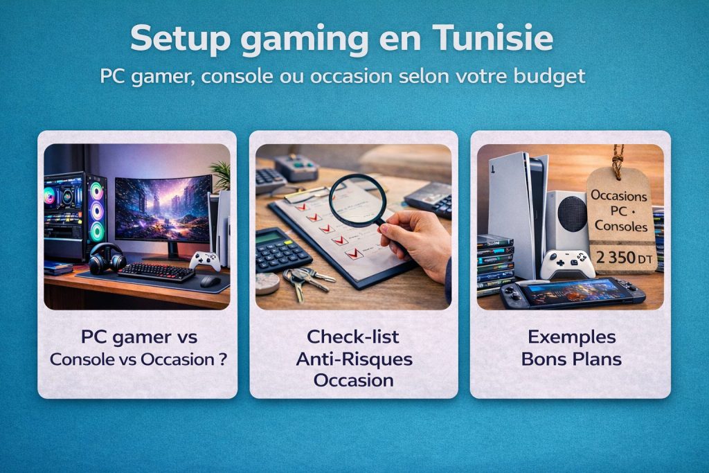 PC gamer vs console vs occasion, checklist anti-risques et exemples de bons plans en Tunisie