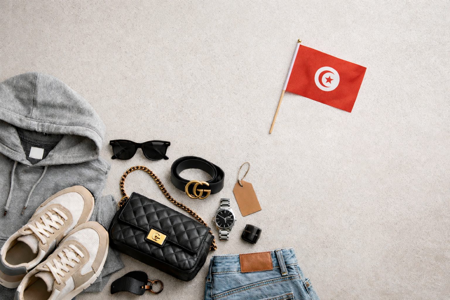 Vêtements, chaussures, sac et accessoires de marque d’occasion en Tunisie pour illustrer un guide anti-arnaque.