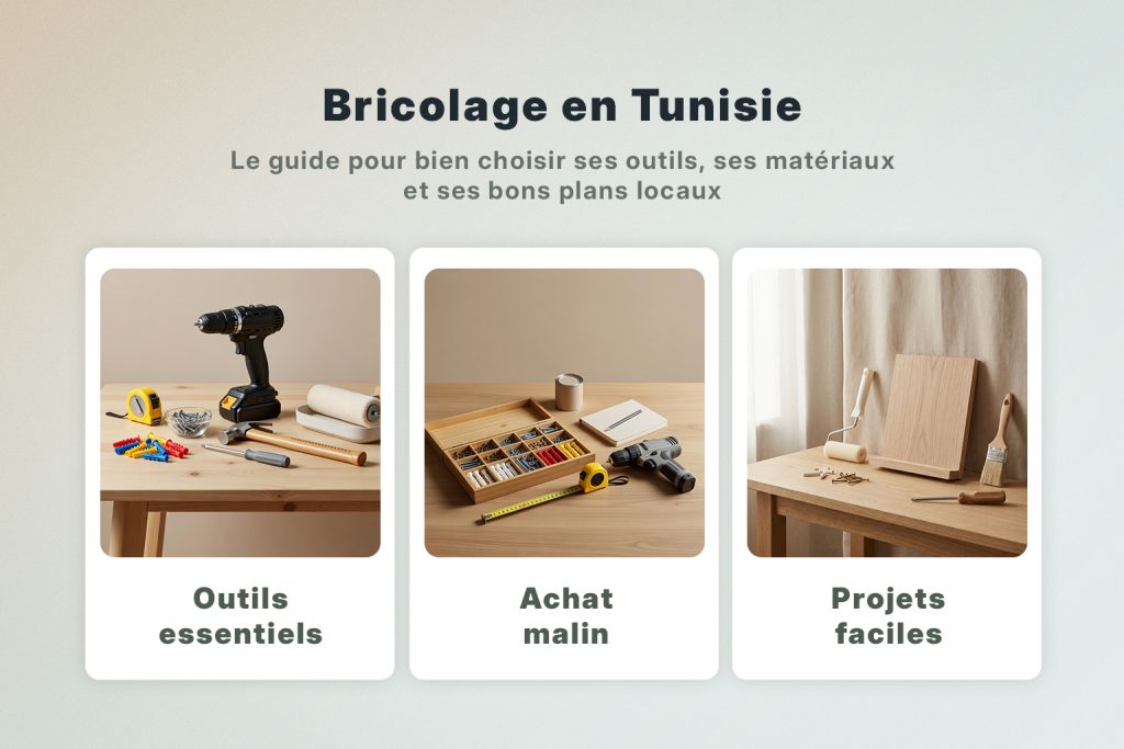 Visuel bricolage en Tunisie avec trois blocs sur les outils essentiels, l’achat malin et les projets faciles