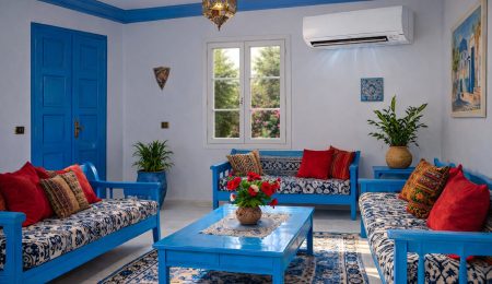 Climatiseur inverter en Tunisie dans un salon de maison tunisienne traditionnelle avec fenêtre vitrée