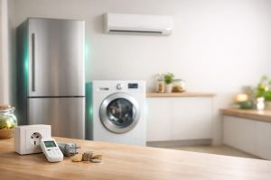 Électroménager économique en Tunisie : cuisine moderne avec réfrigérateur, lave-linge et climatiseur basse consommation
