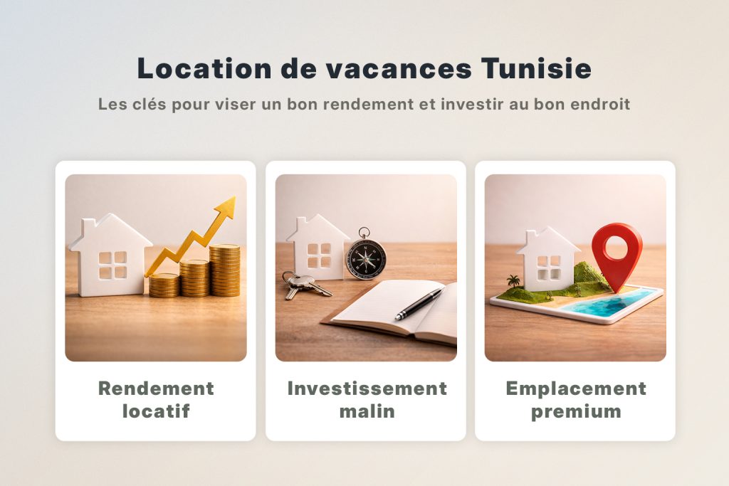 Visuel sur la location de vacances en Tunisie avec trois blocs sur le rendement locatif, l’investissement malin et l’emplacement premium