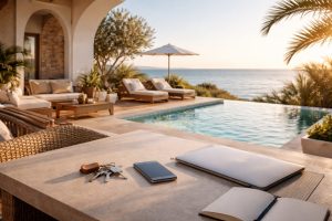 Terrasse de villa de vacances en Tunisie avec piscine, vue mer et objets évoquant un investissement locatif