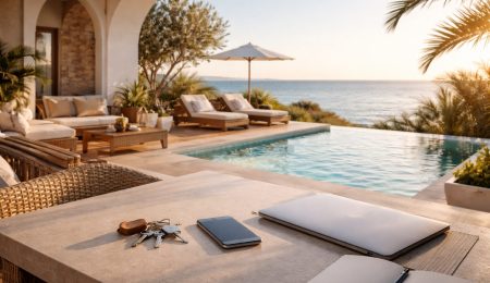 Terrasse de villa de vacances en Tunisie avec piscine, vue mer et objets évoquant un investissement locatif