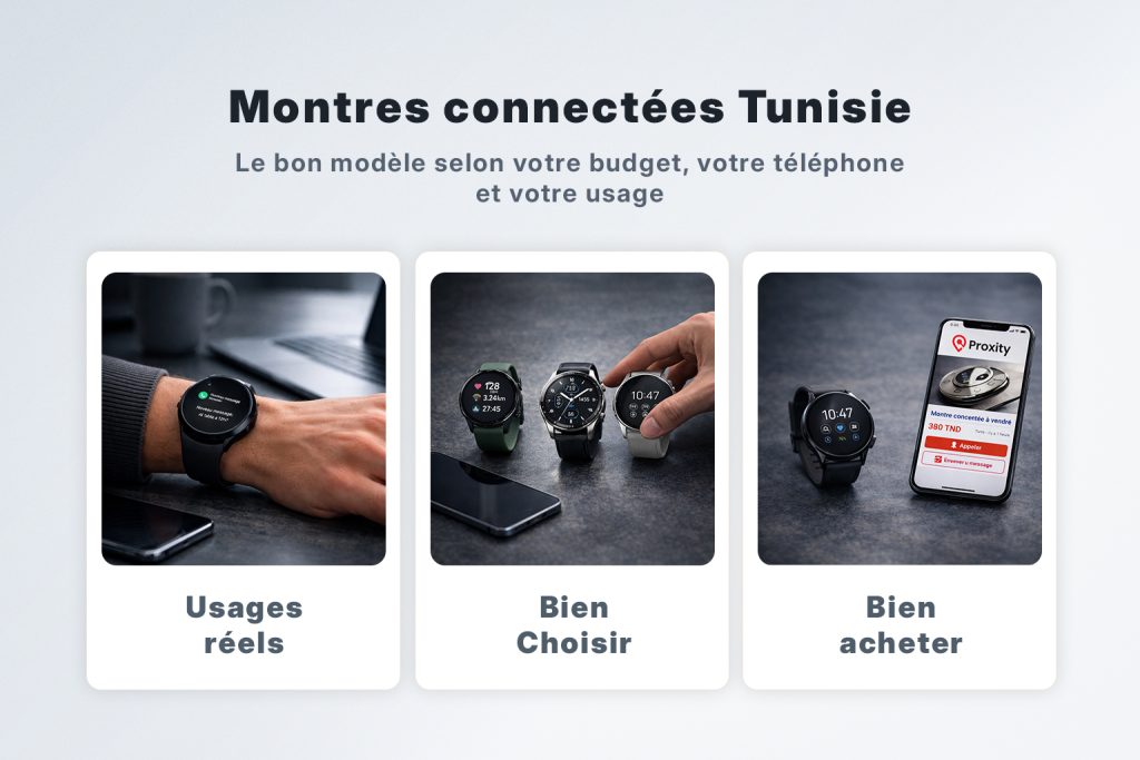 Visuel sur les montres connectées en Tunisie avec trois sections sur les usages réels, le choix du modèle et l’achat