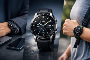 Composition horizontale de trois montres connectées montrant un usage professionnel, un modèle premium en gros plan et un usage sportif au quotidien