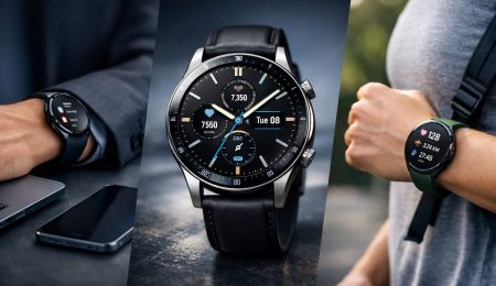 Composition horizontale de trois montres connectées montrant un usage professionnel, un modèle premium en gros plan et un usage sportif au quotidien