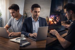Étudiant, professionnel et gamer utilisant différents PC portables dans une image illustrant le choix d’un laptop en Tunisie