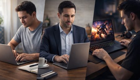 Étudiant, professionnel et gamer utilisant différents PC portables dans une image illustrant le choix d’un laptop en Tunisie