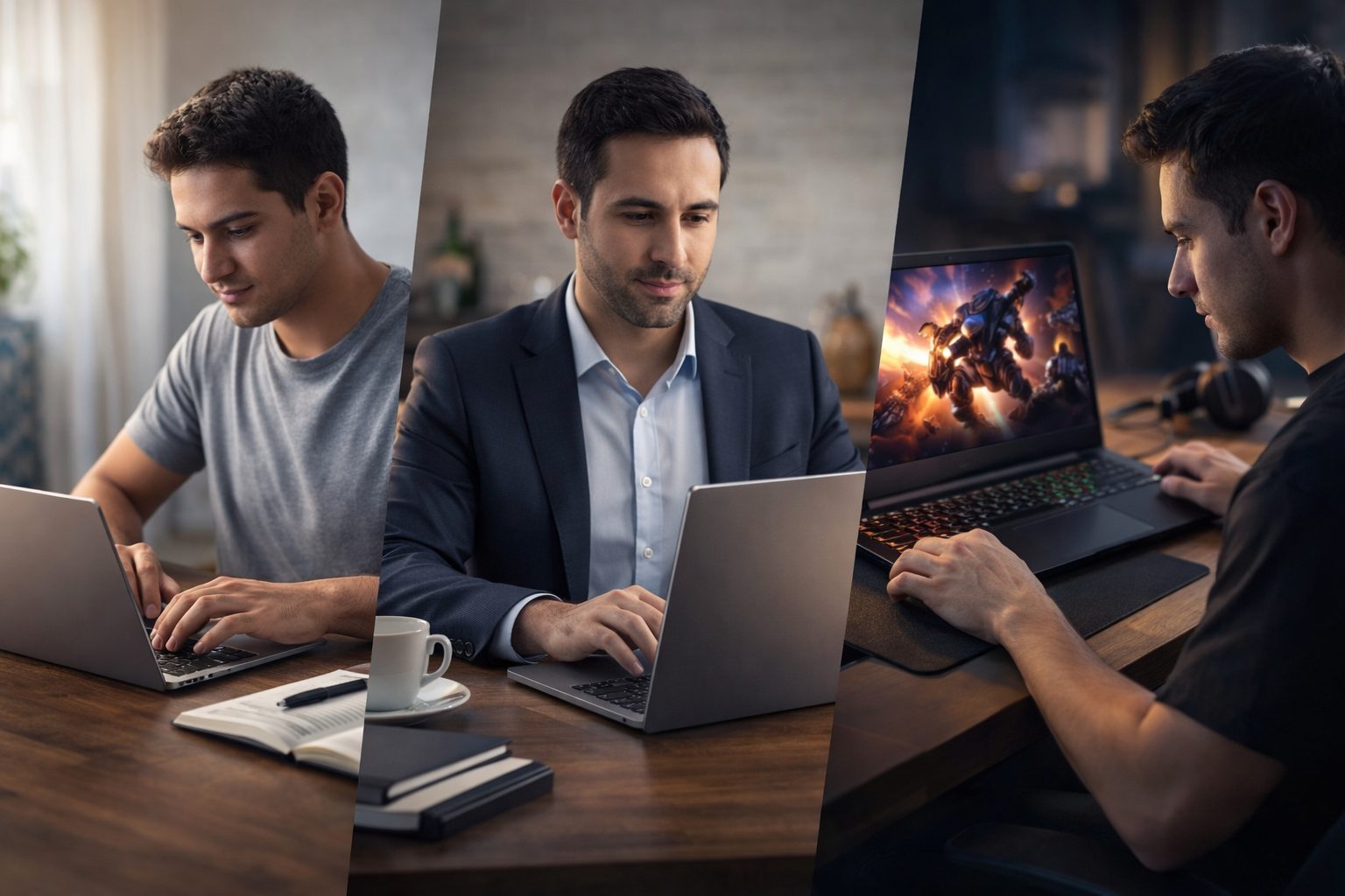 Étudiant, professionnel et gamer utilisant différents PC portables dans une image illustrant le choix d’un laptop en Tunisie