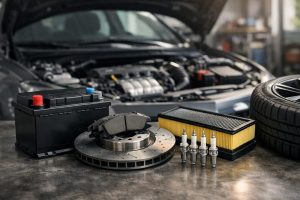 Pièces auto les plus demandées en Tunisie avec batterie, freins, filtre à air, bougies et pneu dans un garage automobile