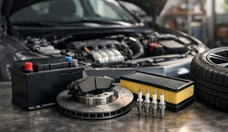 Pièces auto les plus demandées en Tunisie avec batterie, freins, filtre à air, bougies et pneu dans un garage automobile