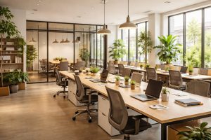 Espace de travail moderne en Tunisie avec bureaux partagés, lumière naturelle et salle de réunion vitrée