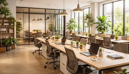 Espace de travail moderne en Tunisie avec bureaux partagés, lumière naturelle et salle de réunion vitrée