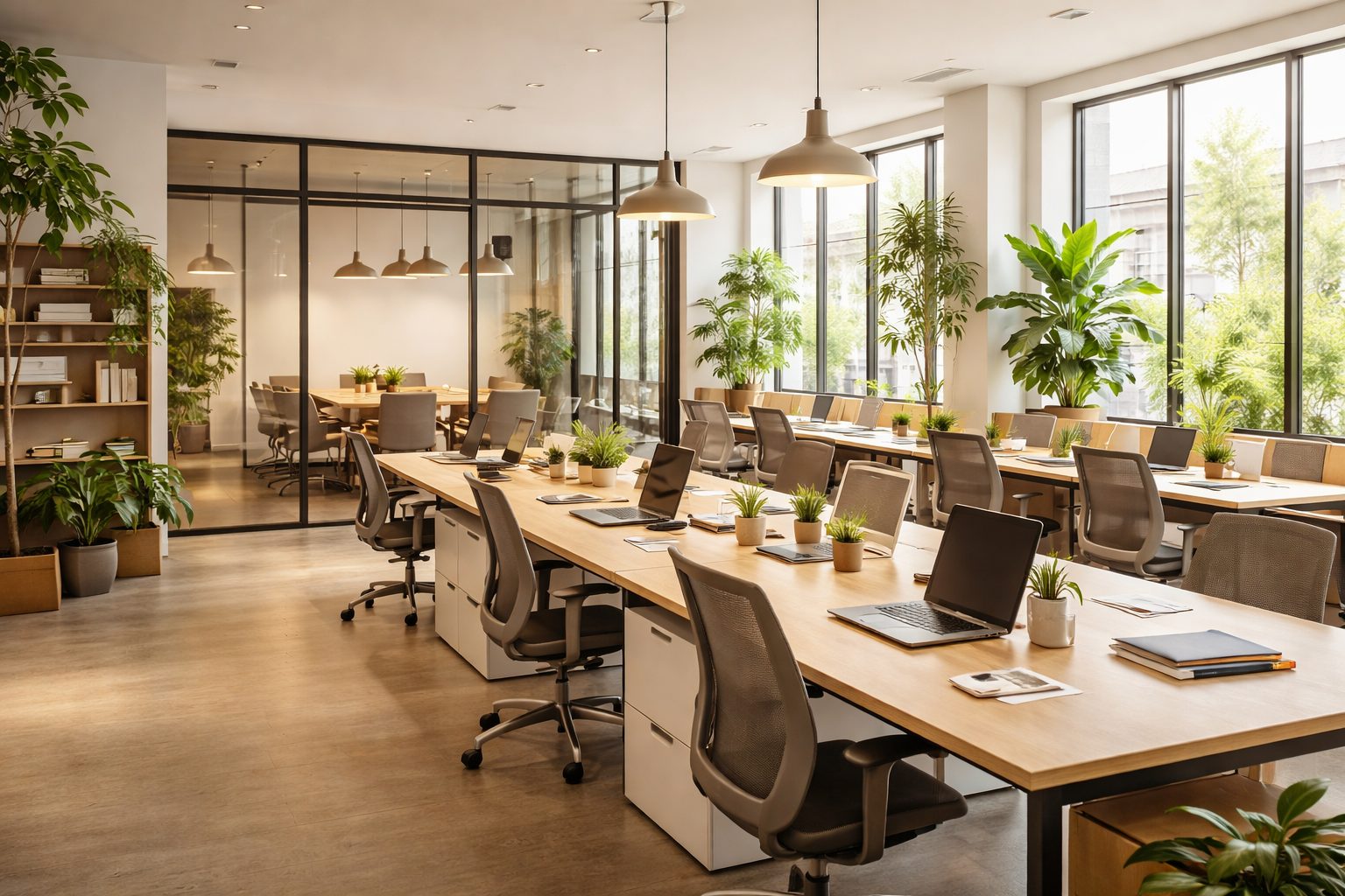 Espace de travail moderne en Tunisie avec bureaux partagés, lumière naturelle et salle de réunion vitrée