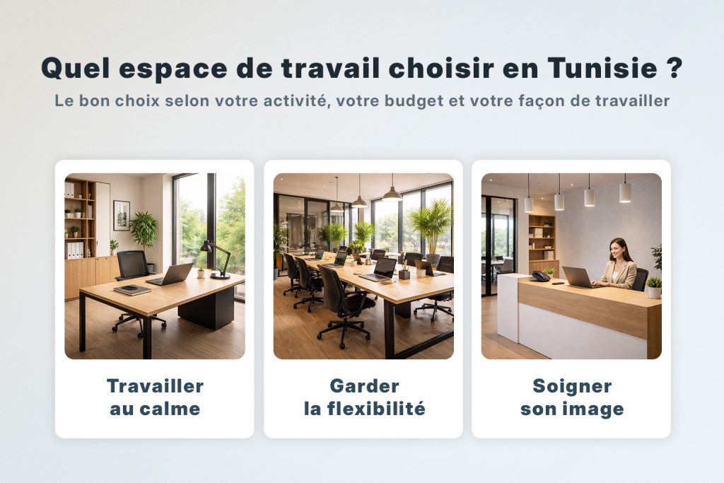 Comparatif visuel des espaces de travail en Tunisie : bureau privatif, coworking et bureau virtuel selon les besoins professionnels