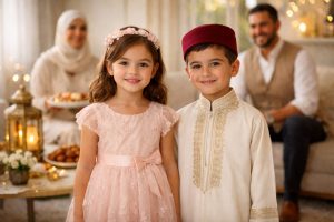 Enfants tunisiens habillés pour l’Aïd el-Fitr 2026 avec robe festive, jebba traditionnelle et chachia dans un salon familial élégant