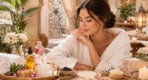 Femme en peignoir dans un spa avec produits de beauté et soins naturels en Tunisie selon le budget