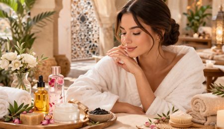 Femme en peignoir dans un spa avec produits de beauté et soins naturels en Tunisie selon le budget