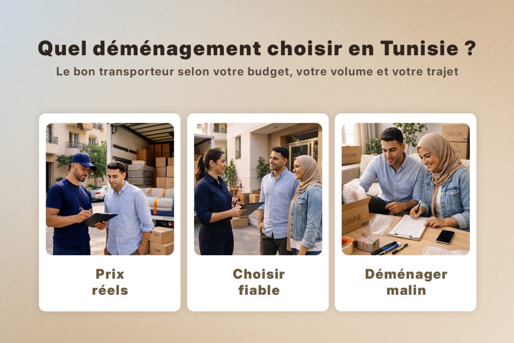 Visuel sur le déménagement en Tunisie avec prix réels, transporteur fiable et astuces pour déménager malin