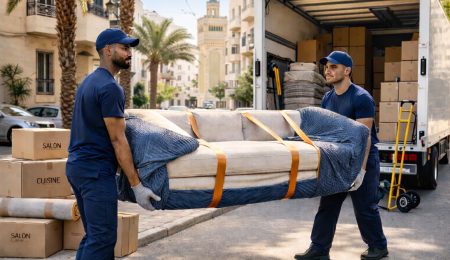 Transporteur fiable pour un déménagement en Tunisie avec deux déménageurs portant un canapé protégé devant un camion.