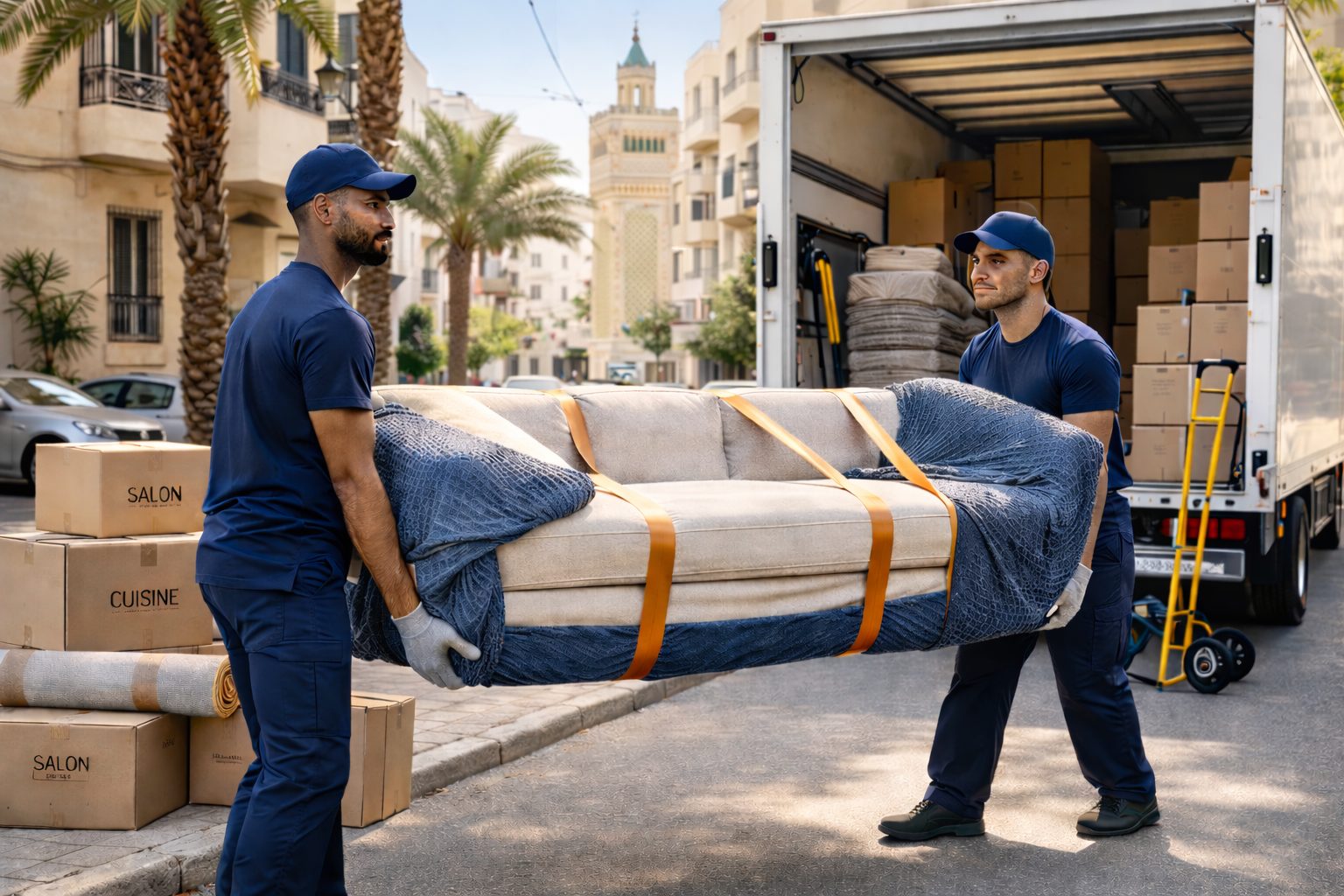 Transporteur fiable pour un déménagement en Tunisie avec deux déménageurs portant un canapé protégé devant un camion.