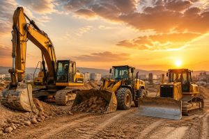 Engins BTP en Tunisie avec pelle mécanique, chargeuse et bulldozer pour illustrer le choix entre achat, location et leasing