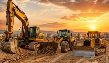 Engins BTP en Tunisie avec pelle mécanique, chargeuse et bulldozer pour illustrer le choix entre achat, location et leasing