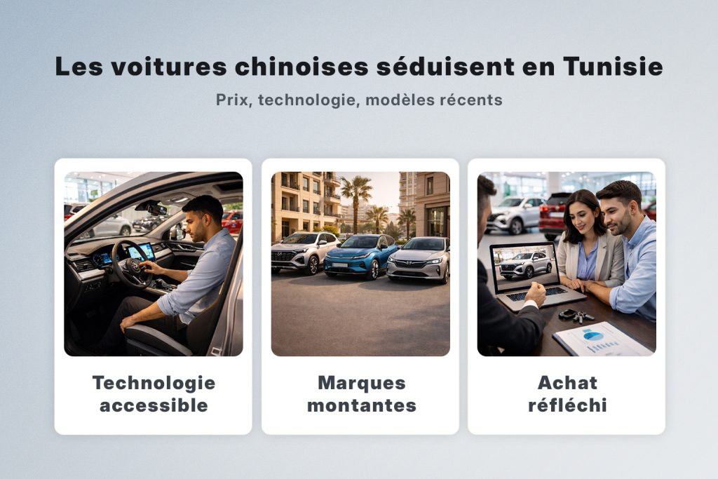 Visuel sur les voitures chinoises en Tunisie avec prix, technologie, marques montantes et achat réfléchi