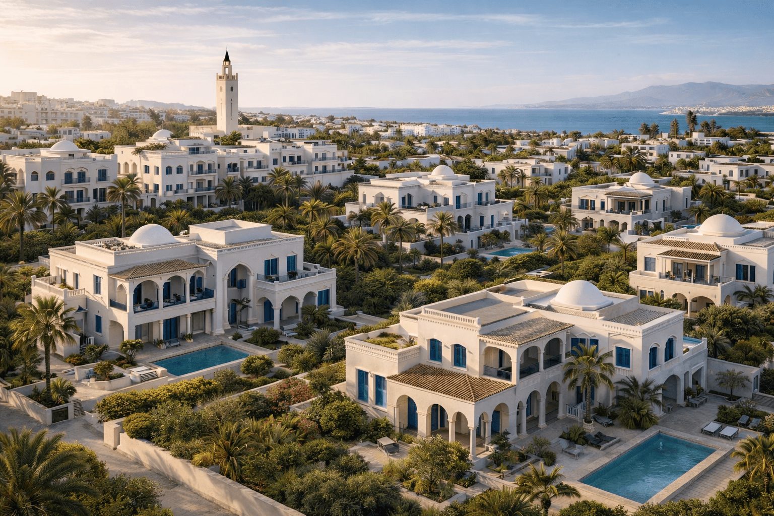Quartier résidentiel avec maisons de style tunisien contemporain en Tunisie