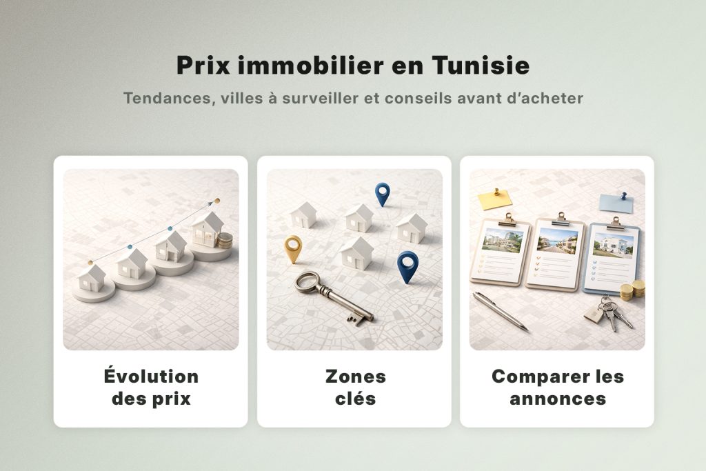 Visuel sur le prix immobilier en Tunisie avec tendances du marché villes à surveiller et conseils avant d’acheter