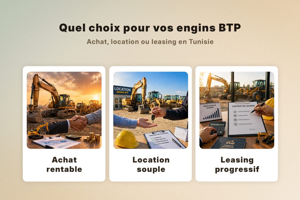 Guide 2026 sur les engins BTP en Tunisie avec trois options de choix : achat rentable, location souple et leasing progressif