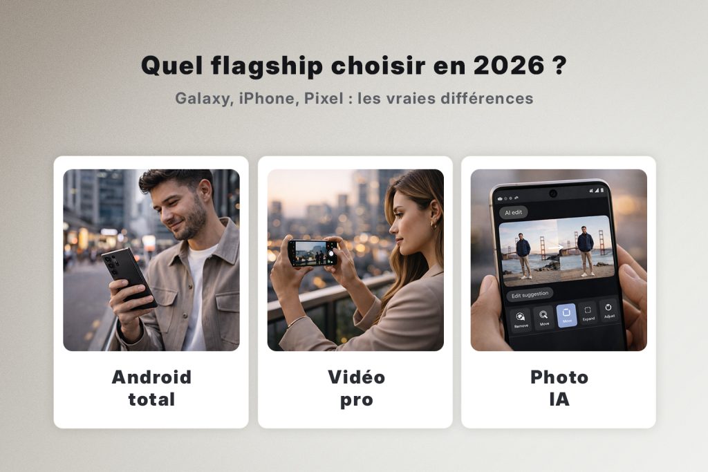 Comparatif visuel 2026 entre Galaxy, iPhone et Pixel avec trois points forts : Android total, vidéo pro et photo IA