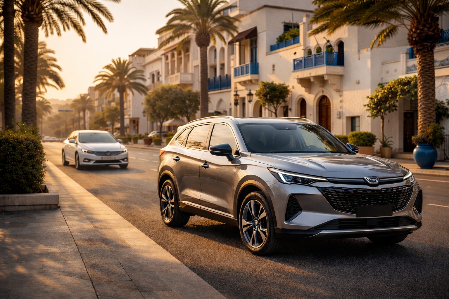 SUV chinois moderne dans un cadre urbain tunisien au coucher du soleil