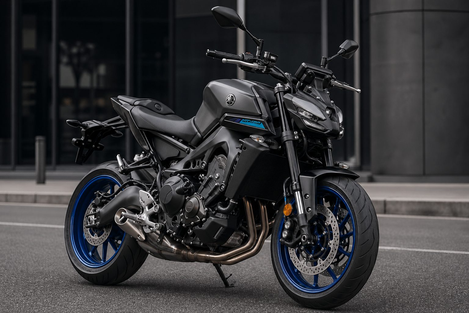 Moto naked 900cc gris anthracite jantes bleues vue de face