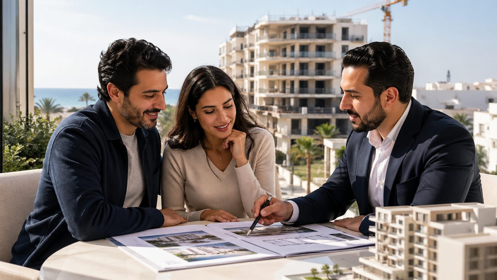 Couple tunisien accompagné par un conseiller immobilier pour sécuriser un achat sur plan en VEFA en Tunisie