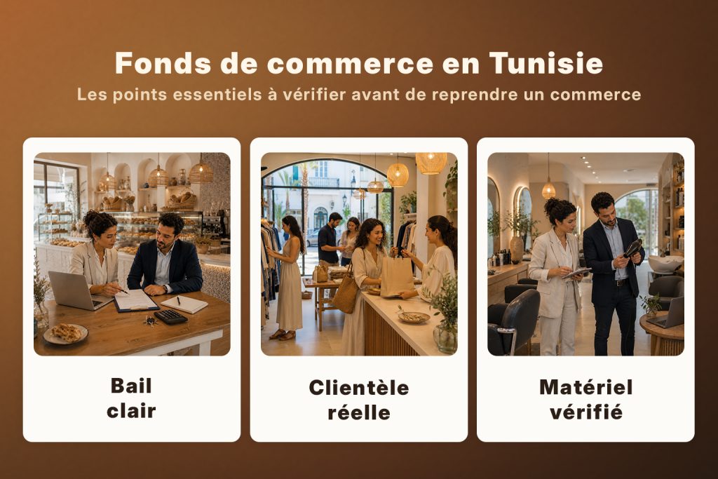 Visuel guide sur les fonds de commerce en Tunisie avec les points essentiels à vérifier avant reprise : bail clair, clientèle réelle et matériel vérifié.