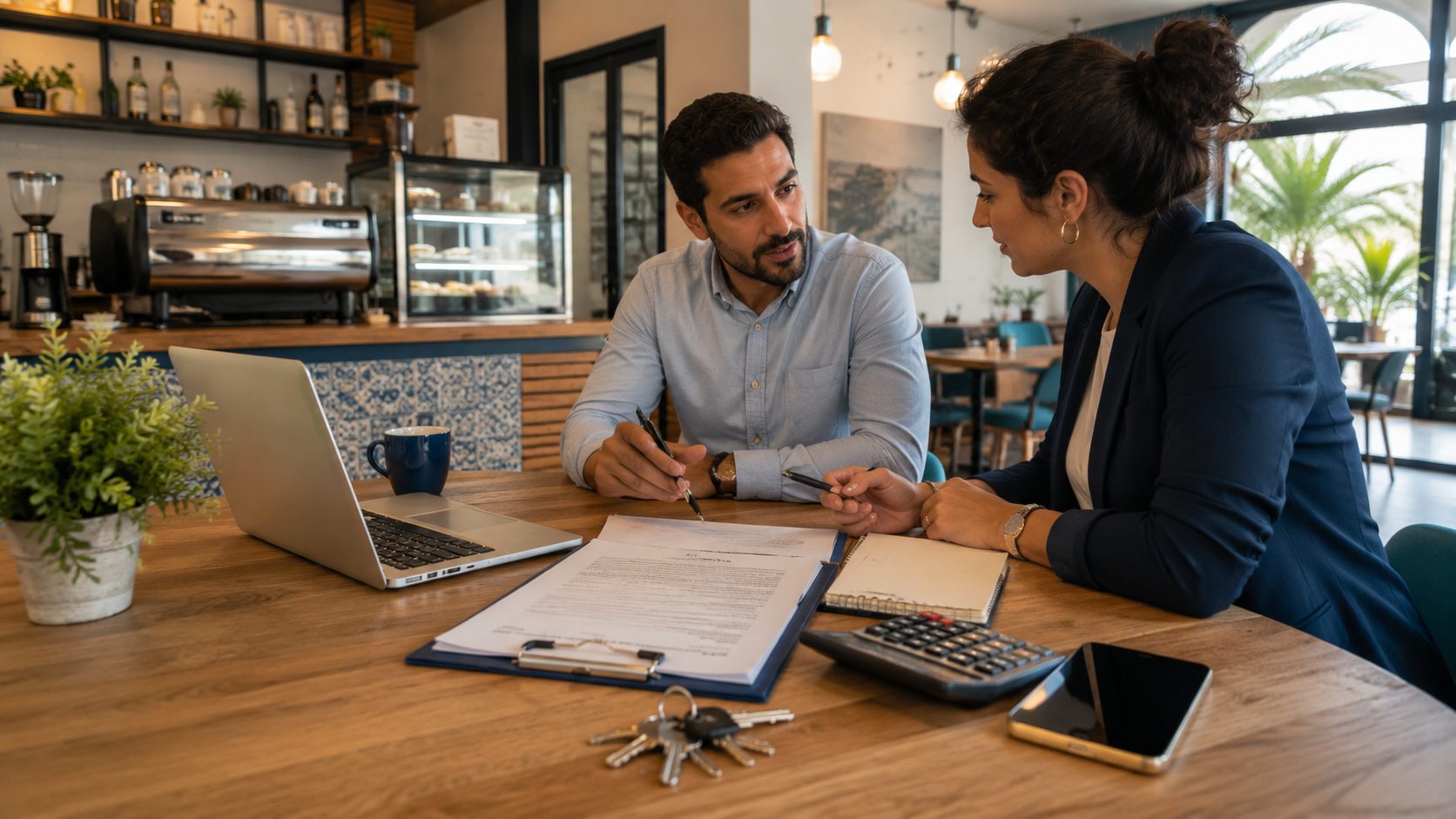 Scène de reprise d’un fonds de commerce en Tunisie avec bail commercial, clés, calculatrice et documents à vérifier avant achat.