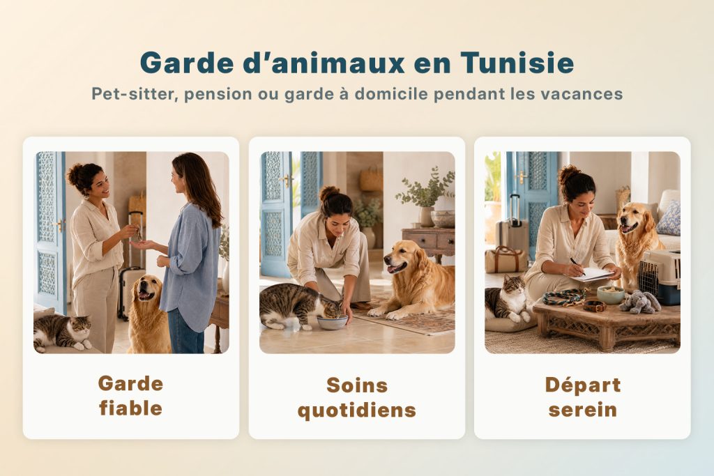 Garde d’animaux en Tunisie pendant les vacances avec pet-sitter, soins quotidiens et départ serein