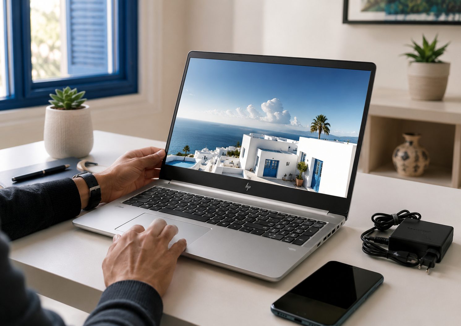 HP EliteBook d’occasion sur un bureau professionnel en Tunisie pour illustrer un guide d’achat de PC portable avec batterie, SSD, RAM et écran à vérifier