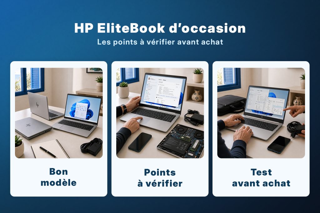 Visuel guide HP EliteBook d’occasion en Tunisie avec les points essentiels à vérifier avant achat : modèle, batterie, SSD, RAM, écran et test du PC.