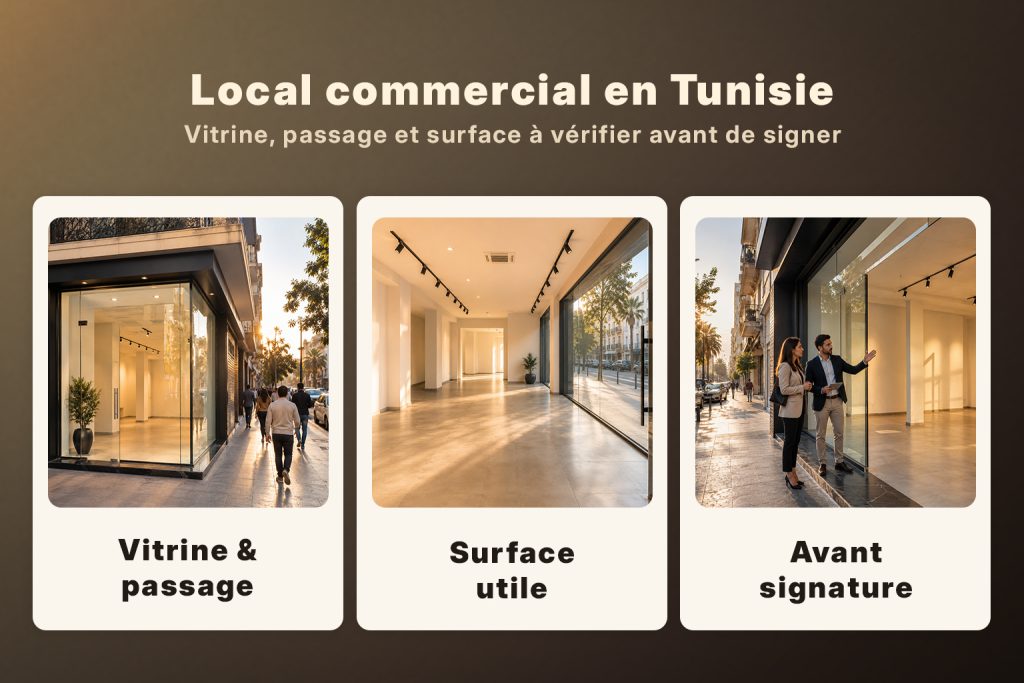 Guide pour choisir un local commercial à louer en Tunisie selon la vitrine, le passage, la surface utile et les points à vérifier avant signature