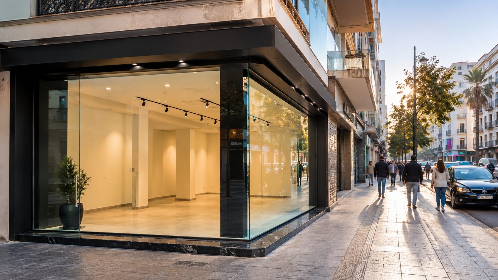 Local commercial à louer en Tunisie avec grande vitrine, rue passante et surface intérieure à vérifier avant de signer